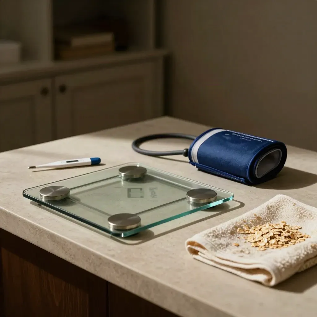 Wellness checkup tools arranged in a modern consult room: scale, cuff, thermometer, towel.