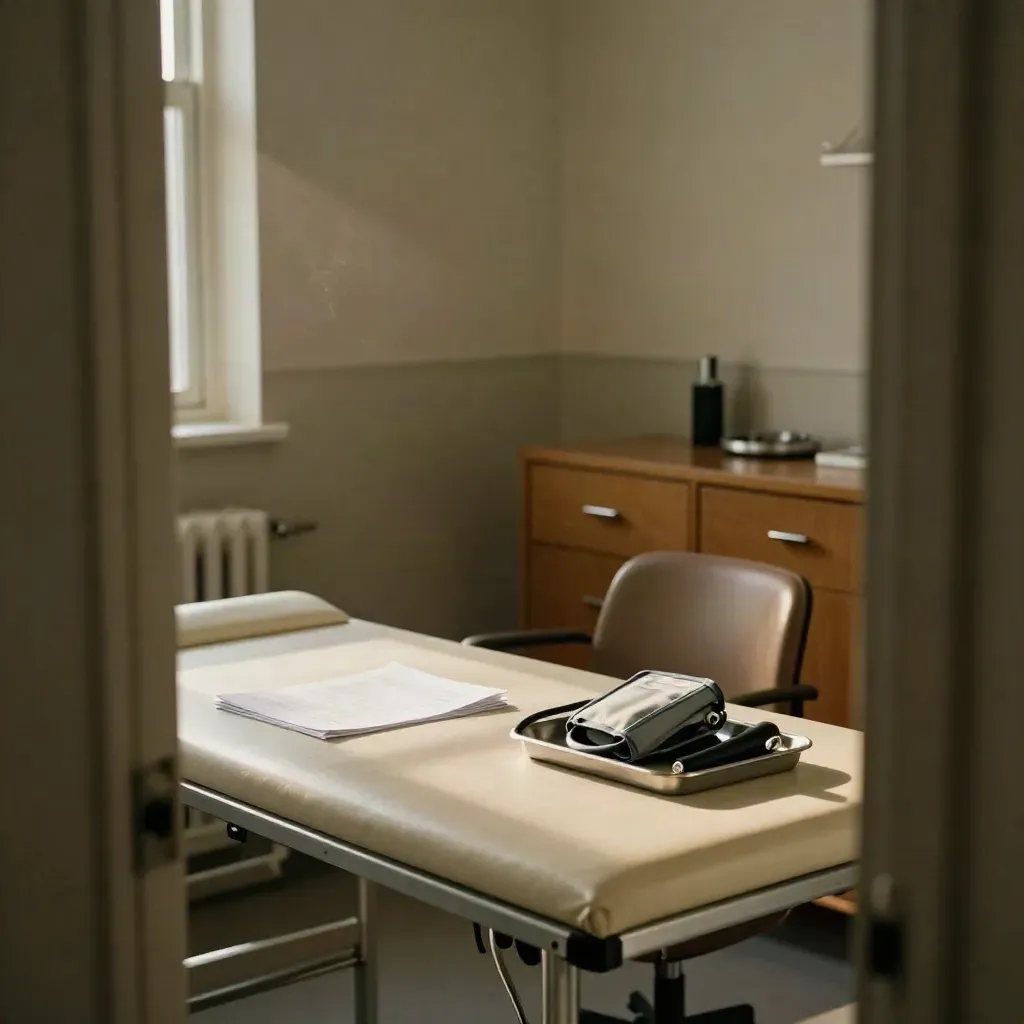 Reset primary-care exam room with cuff, otoscope set, tray, and chair in warm late-afternoon light.