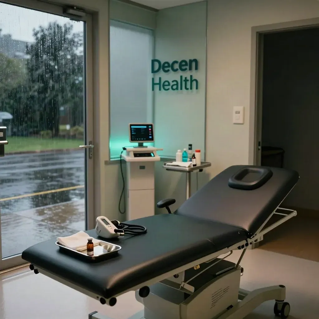 Moody modern clinic suite with exam bed, monitors, frosted glass, and rain-cool light.