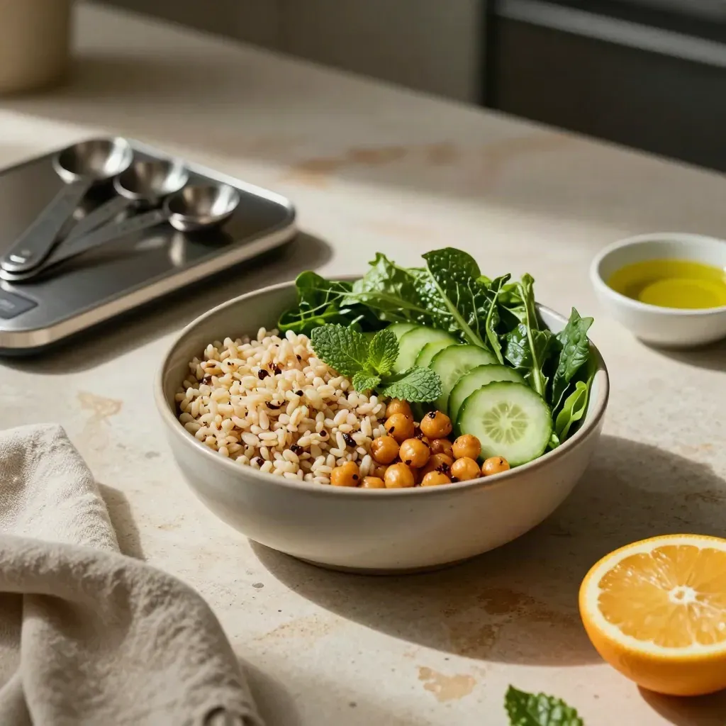 Top-down meal-prep still life with bowl, scale, spoons, citrus, greens, and mint