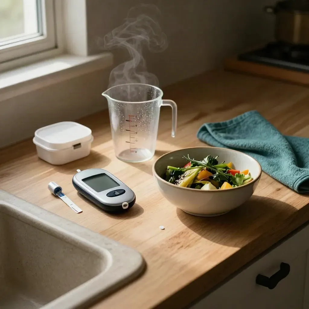 Kitchen still life with glucometer, test strips, pill box, measuring cup, and steamed vegetables.