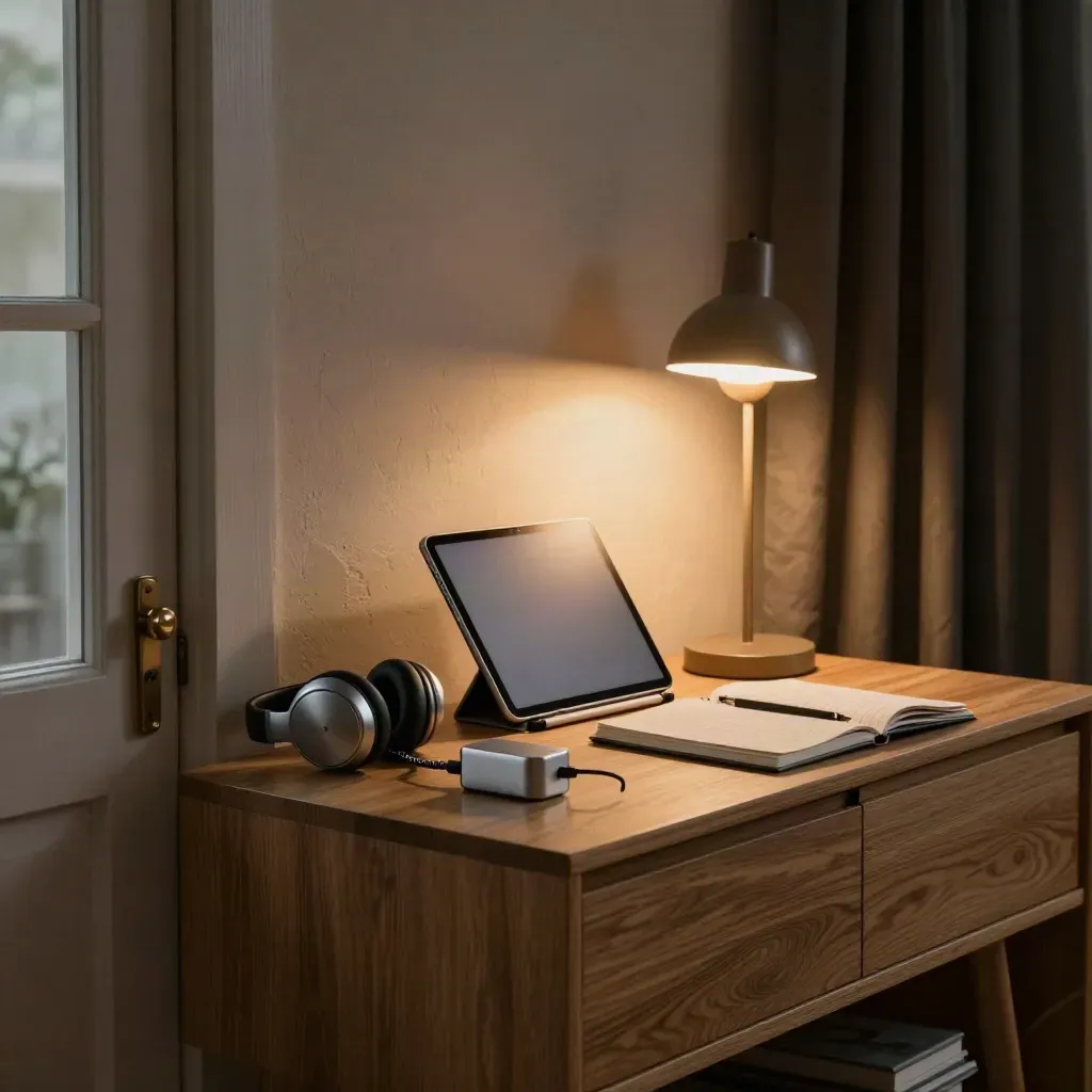 Telehealth desk setup with tablet stand, headset, notebook and lamp in a dusk apartment corner.
