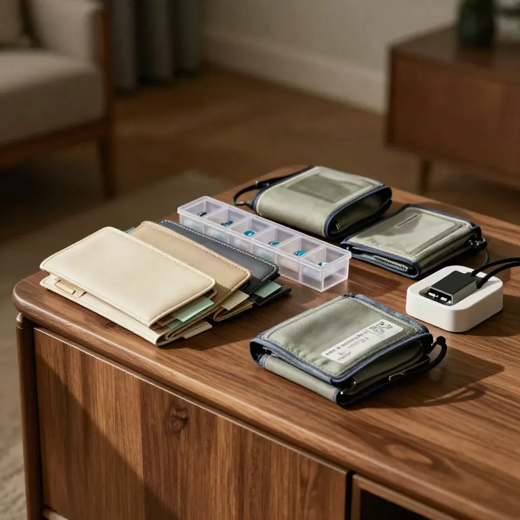 Organized home health station with file wallets, cuffs, pill sorter and charging dock on a warm sideboard.