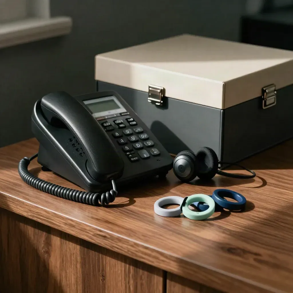 Care coordinator tools: phone, headset, file box and appointment rings on a walnut counter.