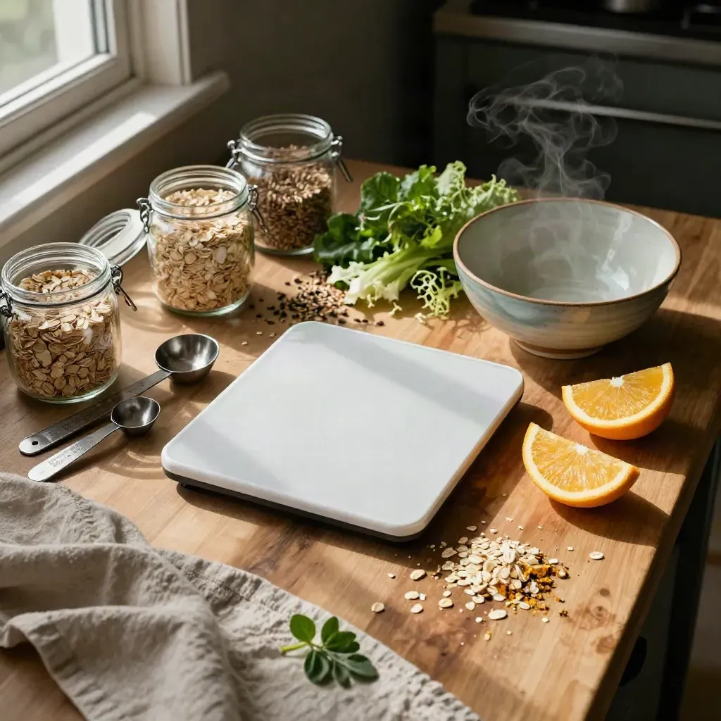 Dietitian still life with scale, oats, citrus, greens and ceramic bowl on a wood counter.