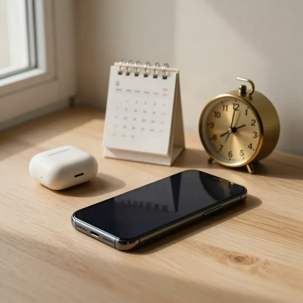 Dark smartphone, turned calendar block, earbud case and brass timer on pale oak, shot softly from desk height
