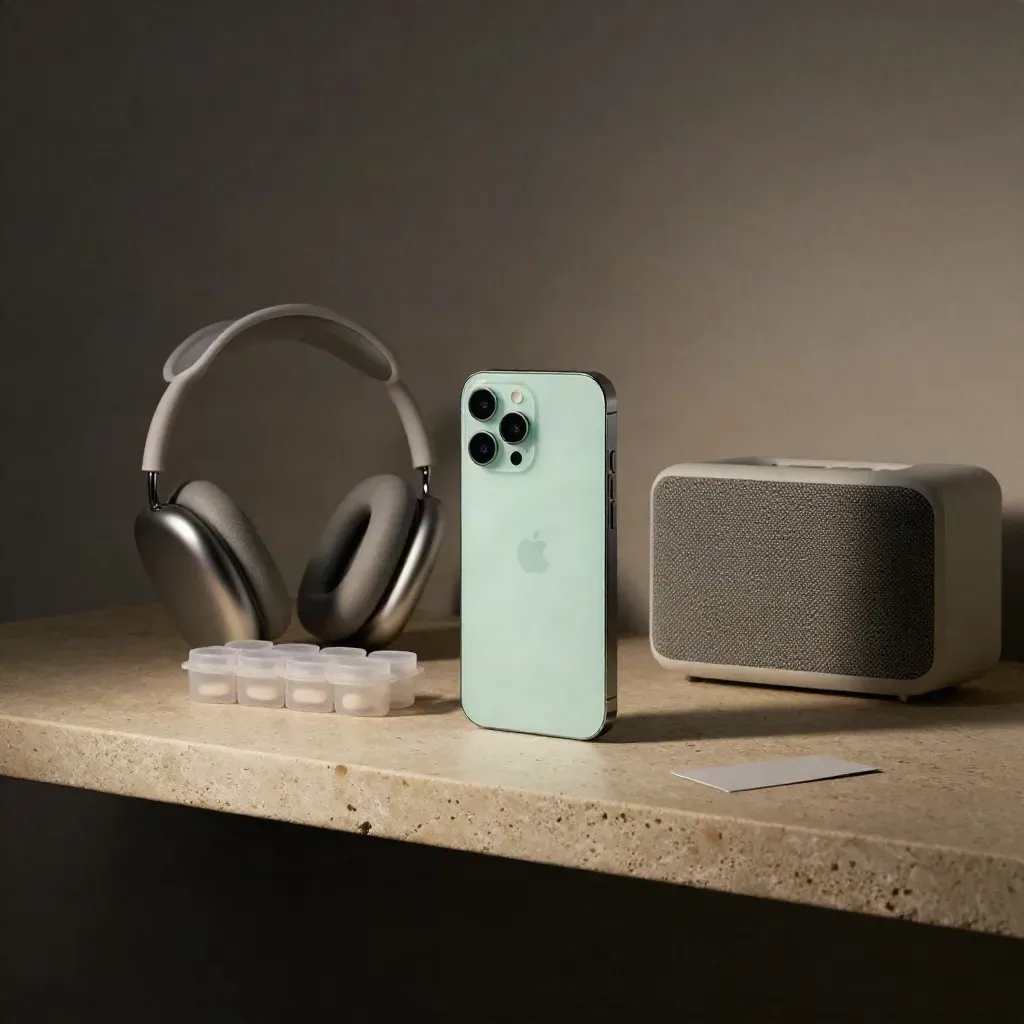 Charging phone, headset loop, pill sorter and speaker on a stone shelf in soft evening light.