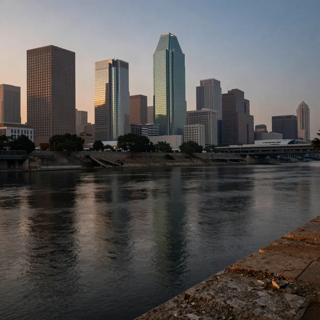 Dallas skyline over a dark riverfront at blue hour with hazy distant towers